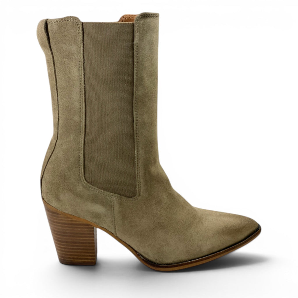 ShoeShop taupe suede ankle boots with elastic side panels and a block heel. Features a pointed toe and side zipper.