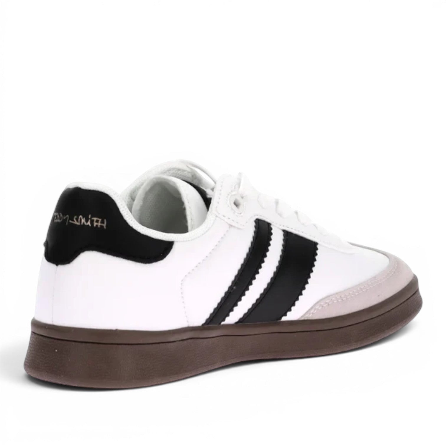 ShoeShopHere white synthetic sneakers with black stripes and brown rubber sole. Features a black heel tab with gold lettering.