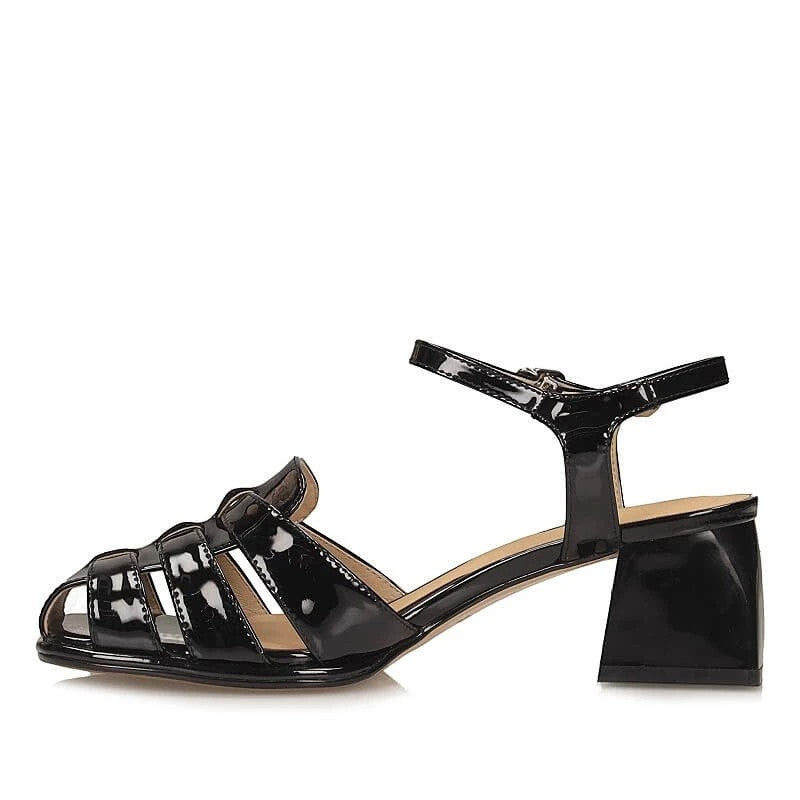 ShoeShop Loretta Vitale C9321 black patent leather caged block heel sandals with ankle strap.