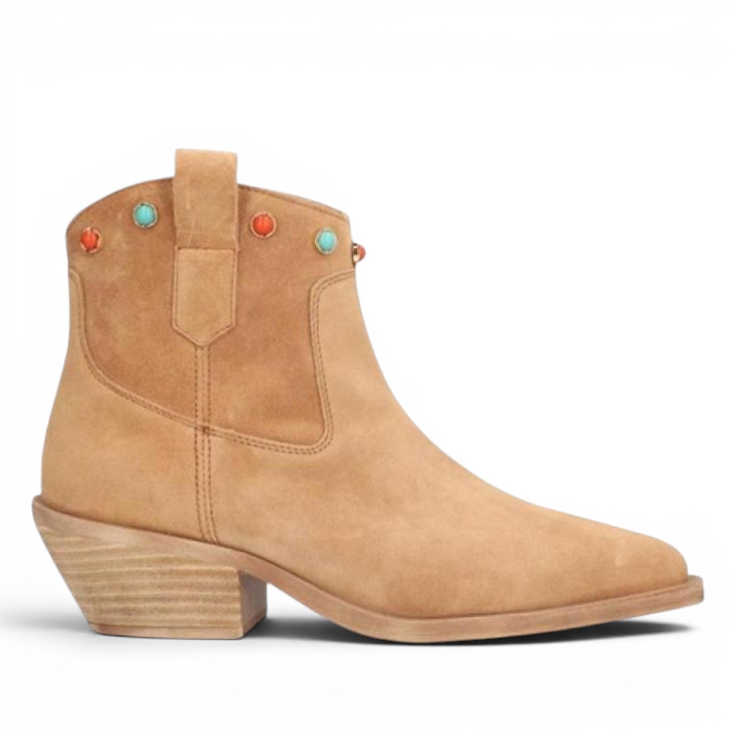 ShoeShopHere tan suede western ankle boots with turquoise and coral stud embellishments and a stacked heel.