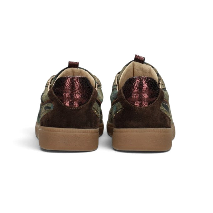 ShoeShop Poelman Skye sneakers in camo print leather and textile with brown suede heel and gum rubber sole, back view