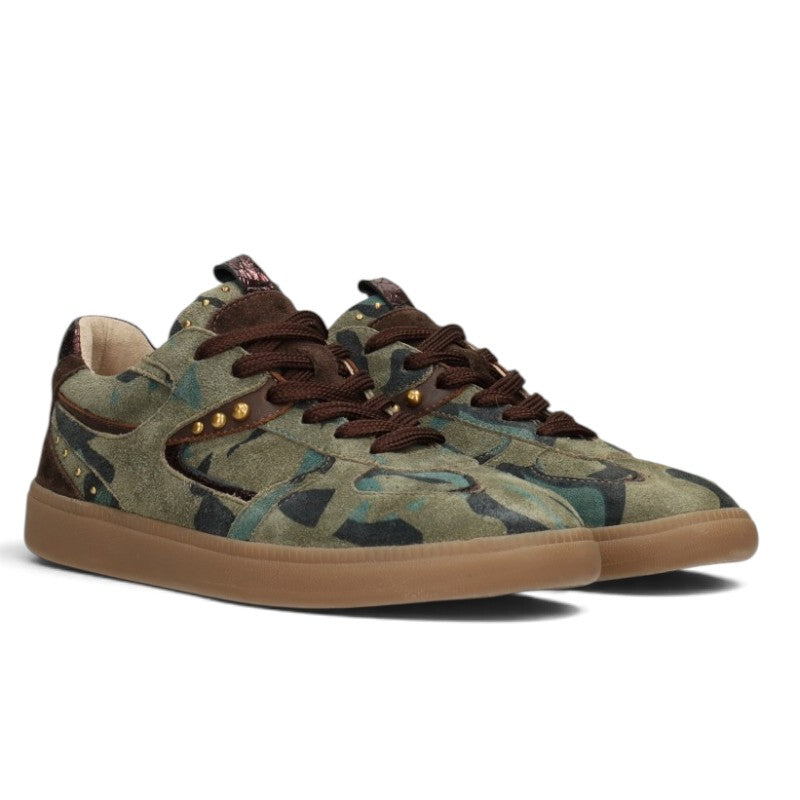 ShoeShop Poelman Skye sneakers in green camouflage suede and textile with brown laces and gold stud details