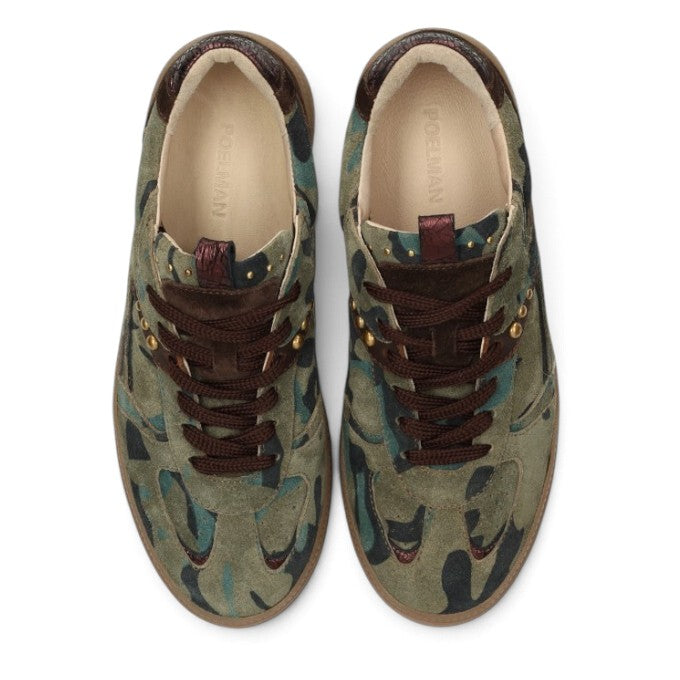 ShoeShop Poelman Skye sneakers in green camouflage suede and textile with brown laces and metallic stud details.