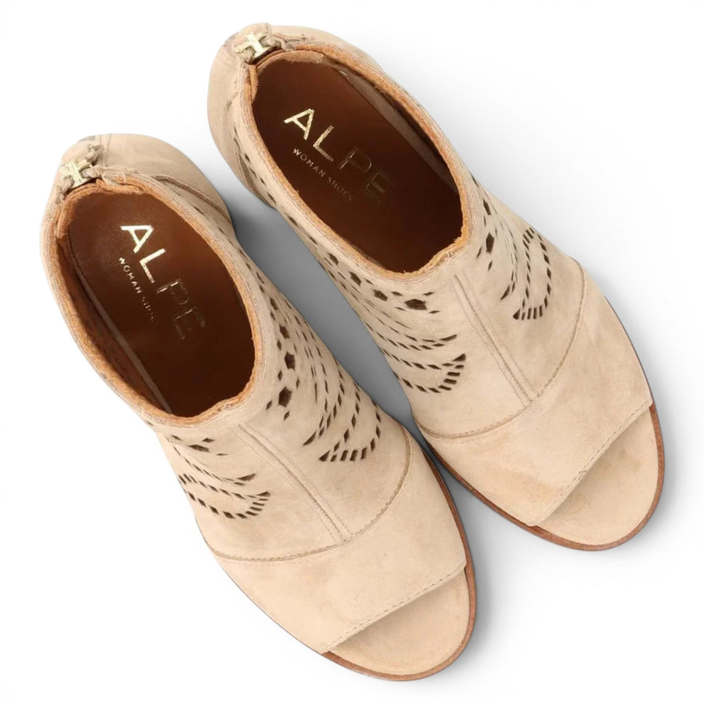 ShoeShop Alpe women's beige leather peep-toe ankle boots with cut-out details and zip closure.