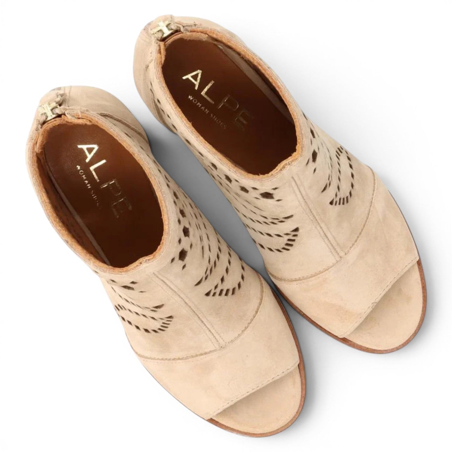 ShoeShop Alpe women's beige leather peep-toe ankle boots with cut-out details and zip closure.