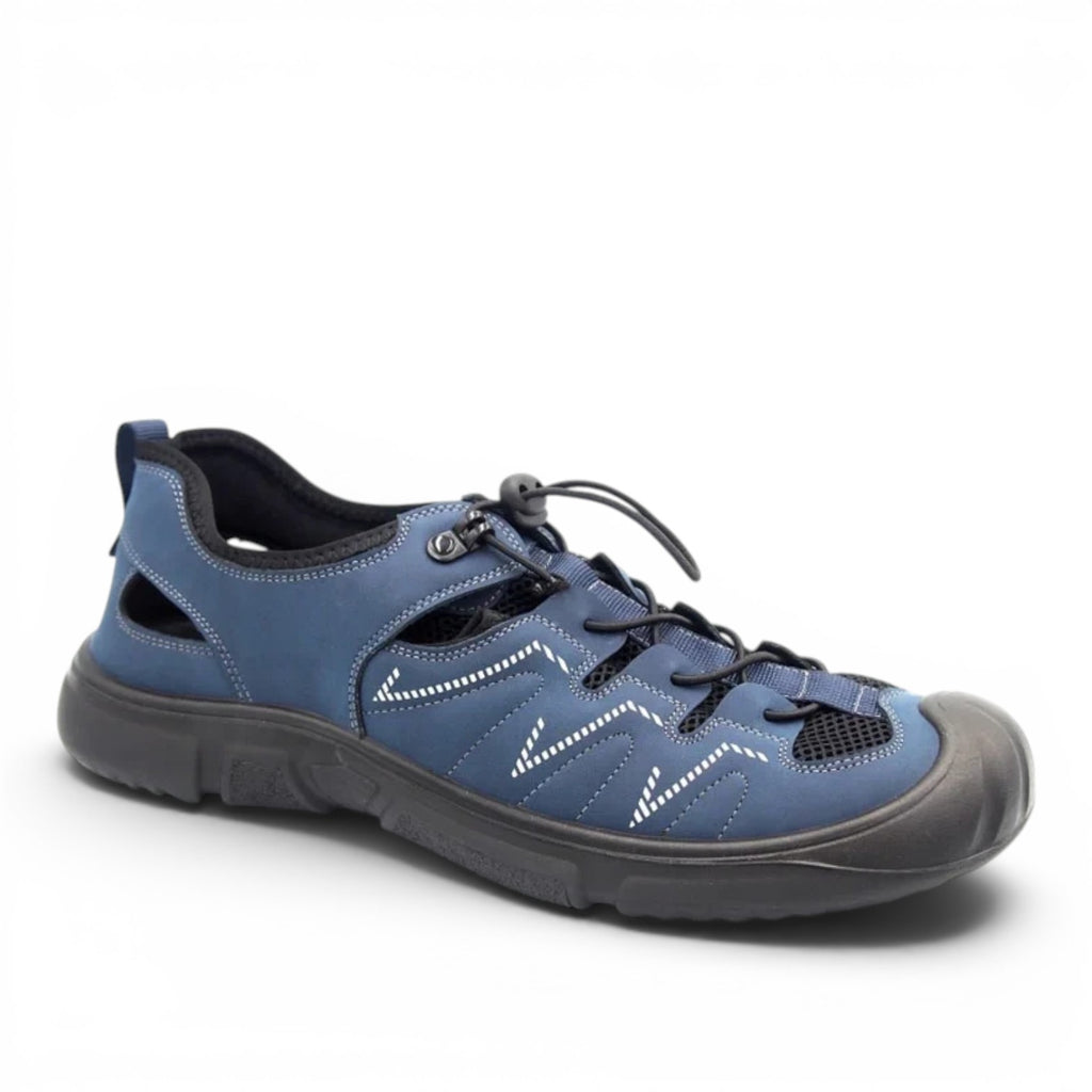 ShoeShop Andiamo W2503 blue outdoor hiking sandal with mesh panels, bungee lacing, and a durable black rubber sole.