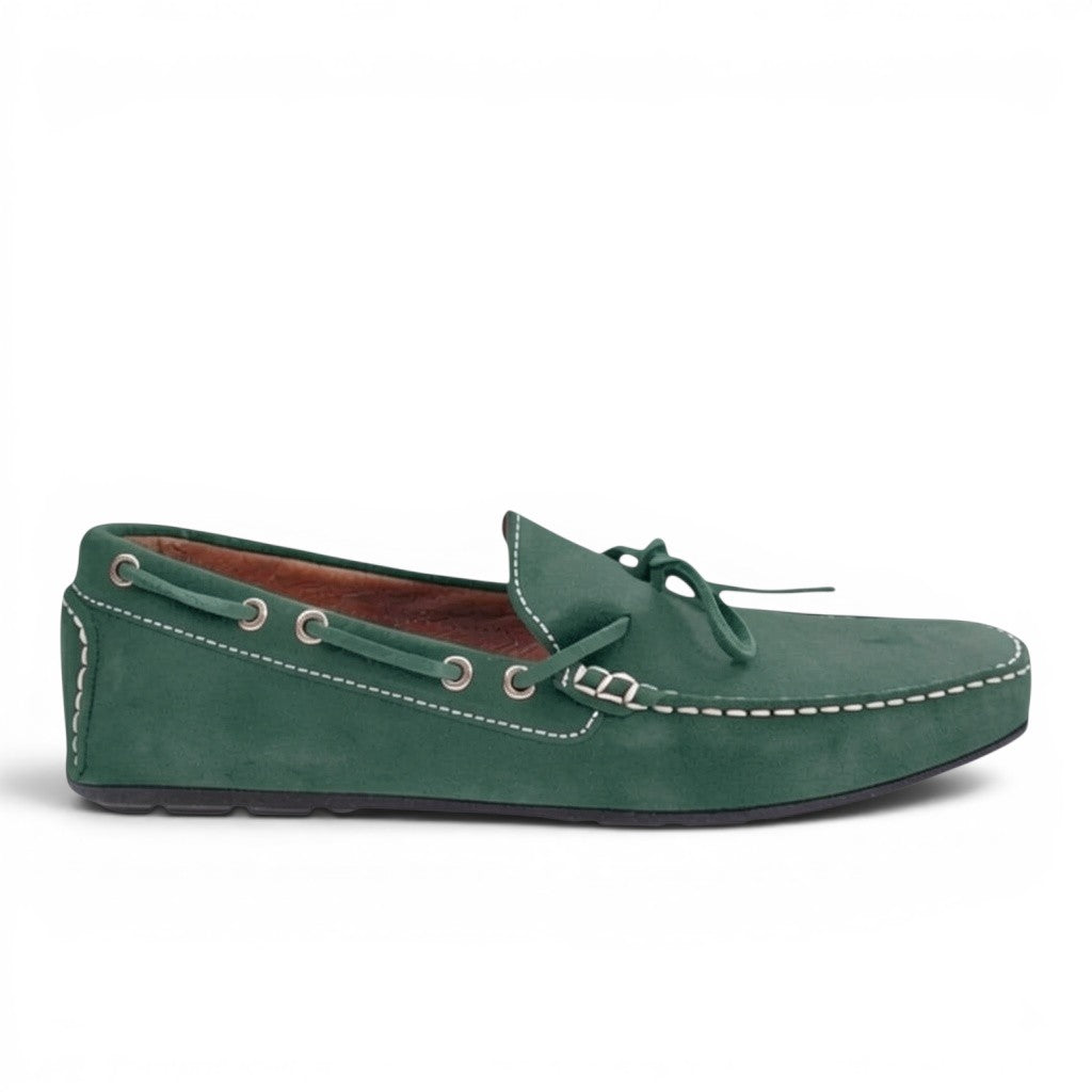 ShoeShop Andiamo 6102 green suede leather moccasins with white contrast stitching and side lace detail