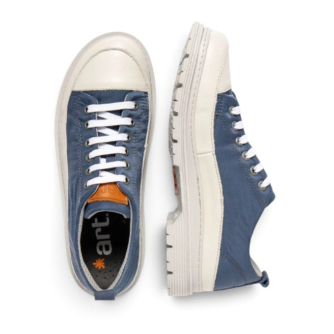ShoeShop ART 1894 Birmingham blue nylon and leather sneakers with white rubber platform soles and white laces.