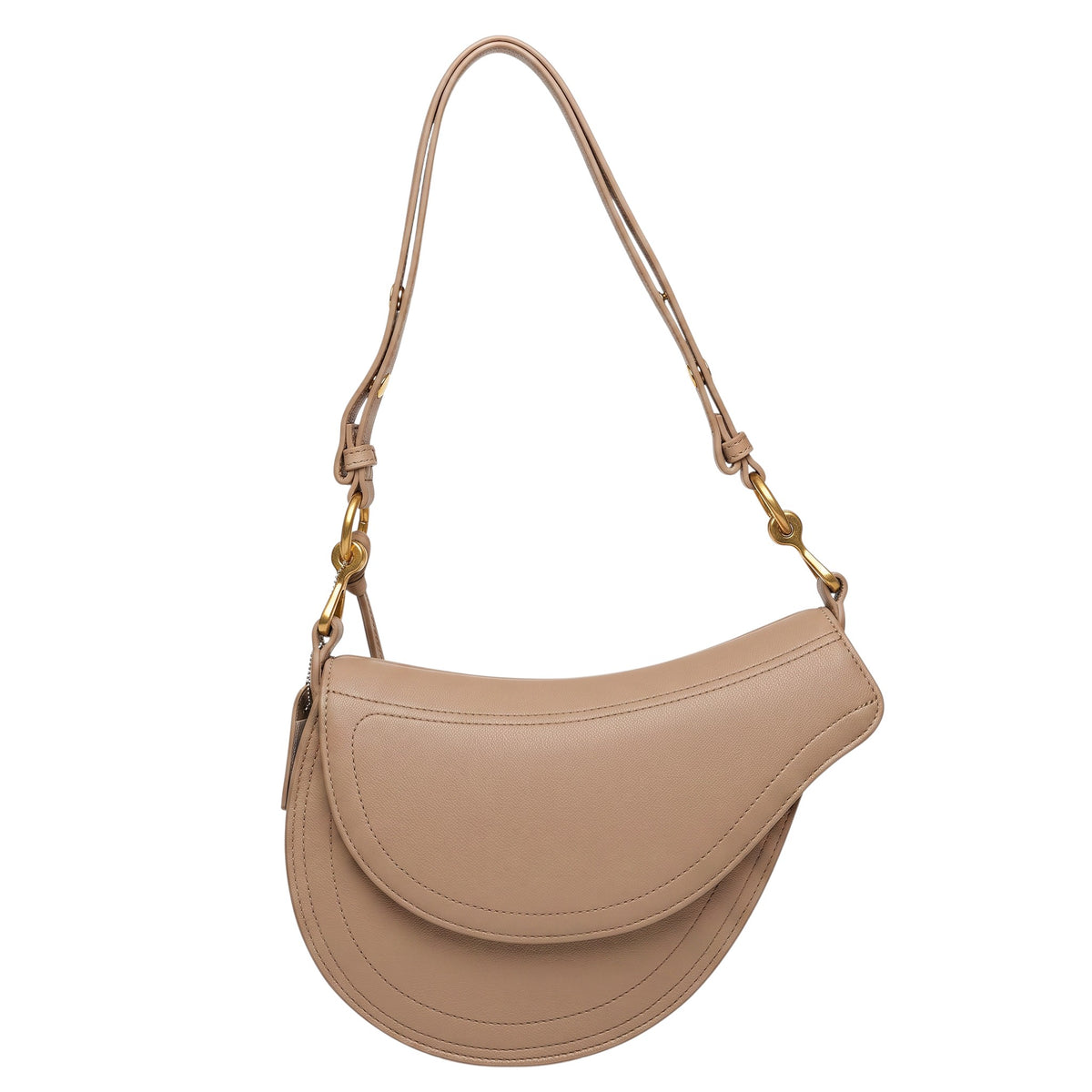 ShoeShop Ashlie beige leather saddle bag with an adjustable shoulder strap and magnetic closure