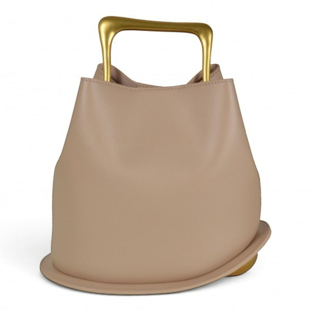 ShoeShop beige structured handbag with a unique gold-toned metal top handle and minimalist design