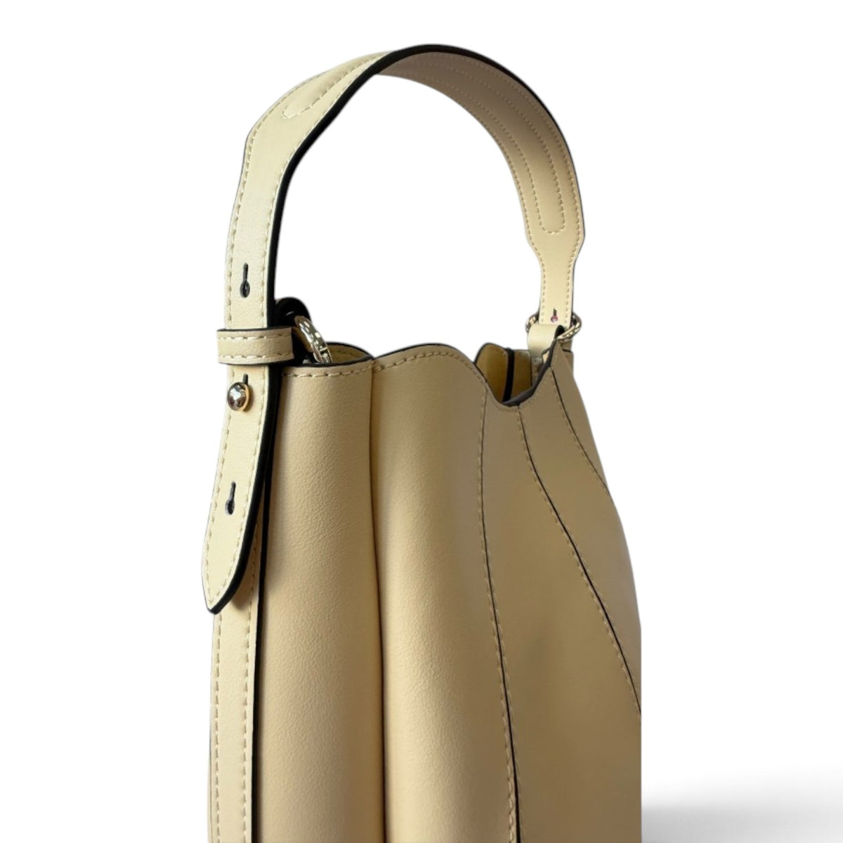 ShoeShop W216 beige leather bucket bag with a structured silhouette and a single top handle