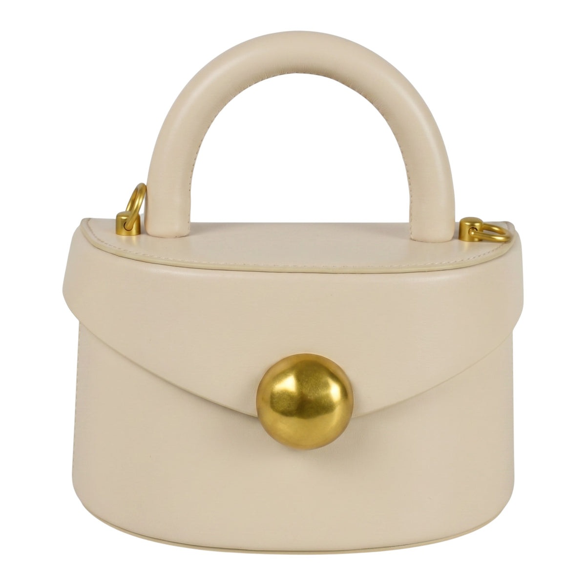 ShoeShop beige leather handbag with a rounded top handle, gold magnetic button closure, and detachable shoulder strap.