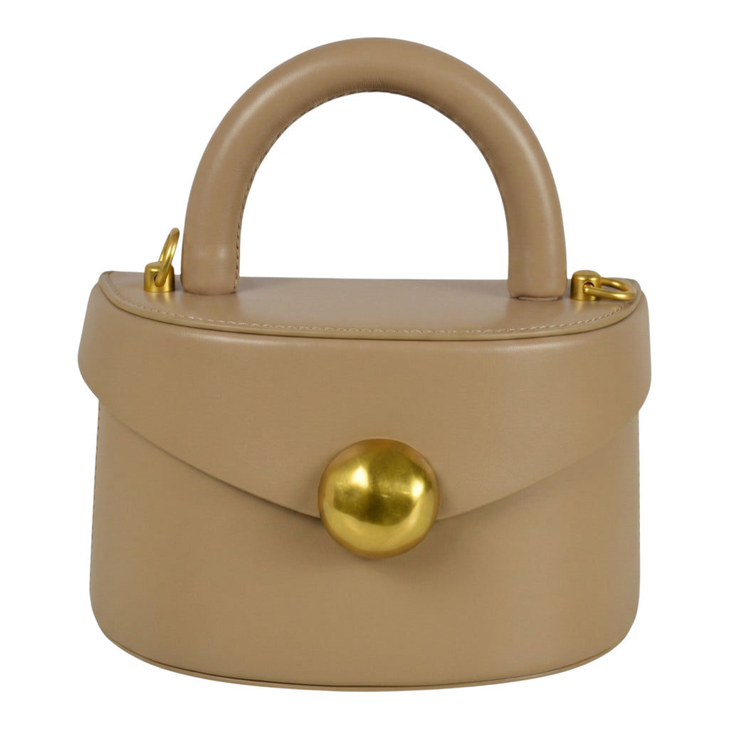 ShoeShop beige leather handbag with a top handle, gold magnetic button closure, and detachable shoulder strap.