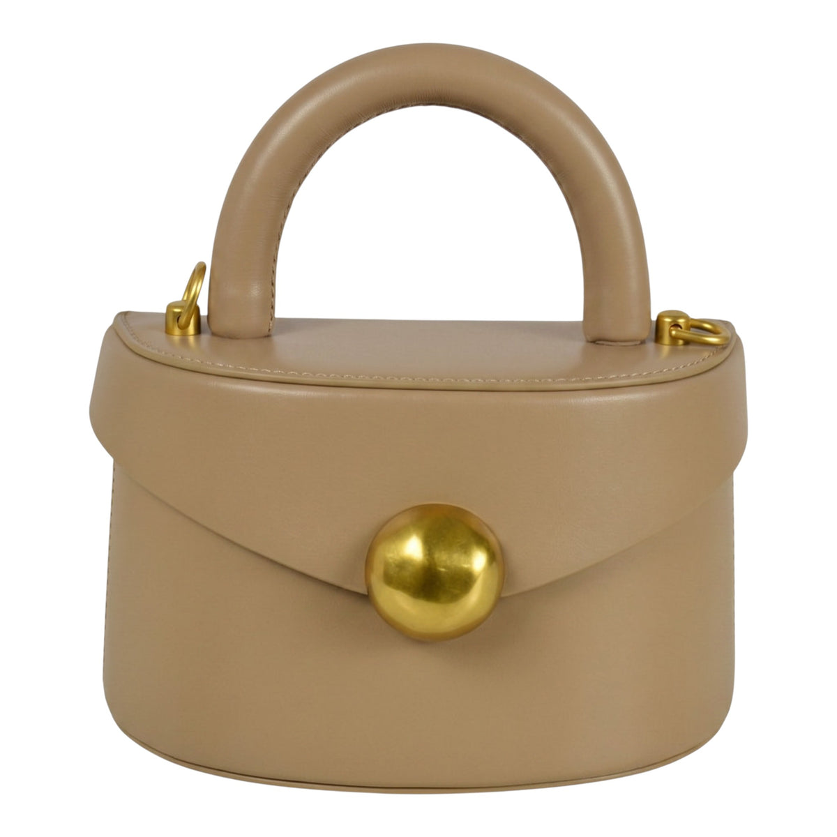 ShoeShop beige leather handbag with a top handle, gold magnetic button closure, and detachable shoulder strap.