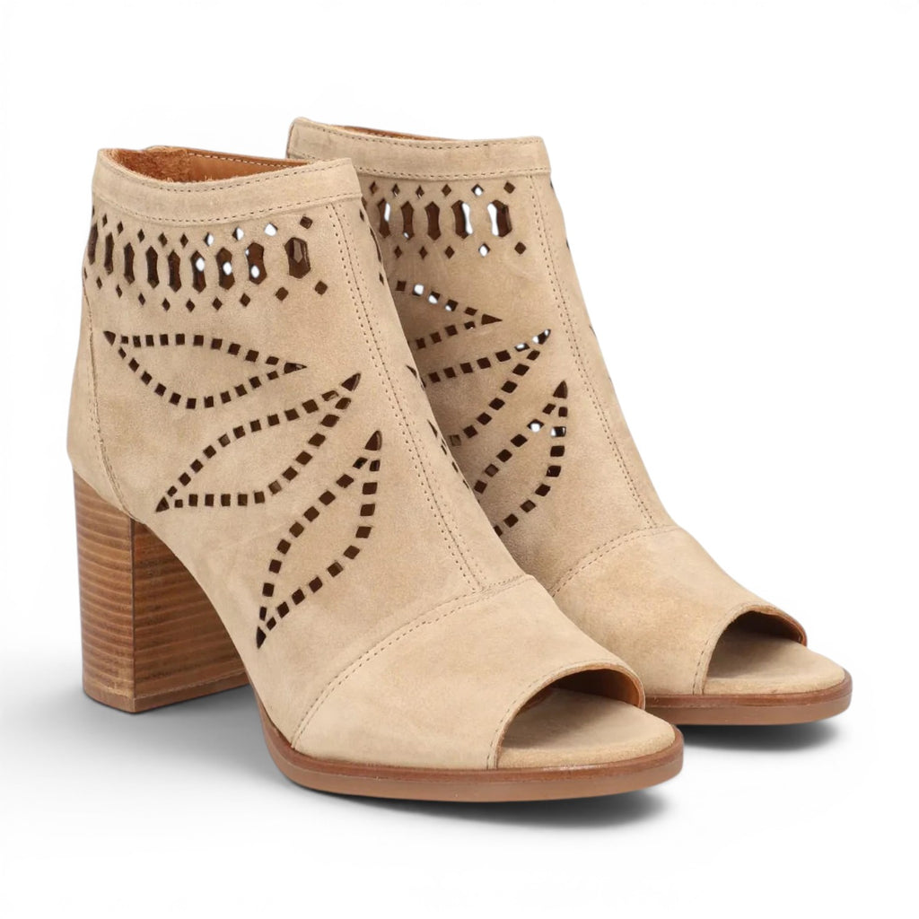 ShoeShop beige suede peep-toe ankle boots with cut-out leaf design and 8cm block heel.
