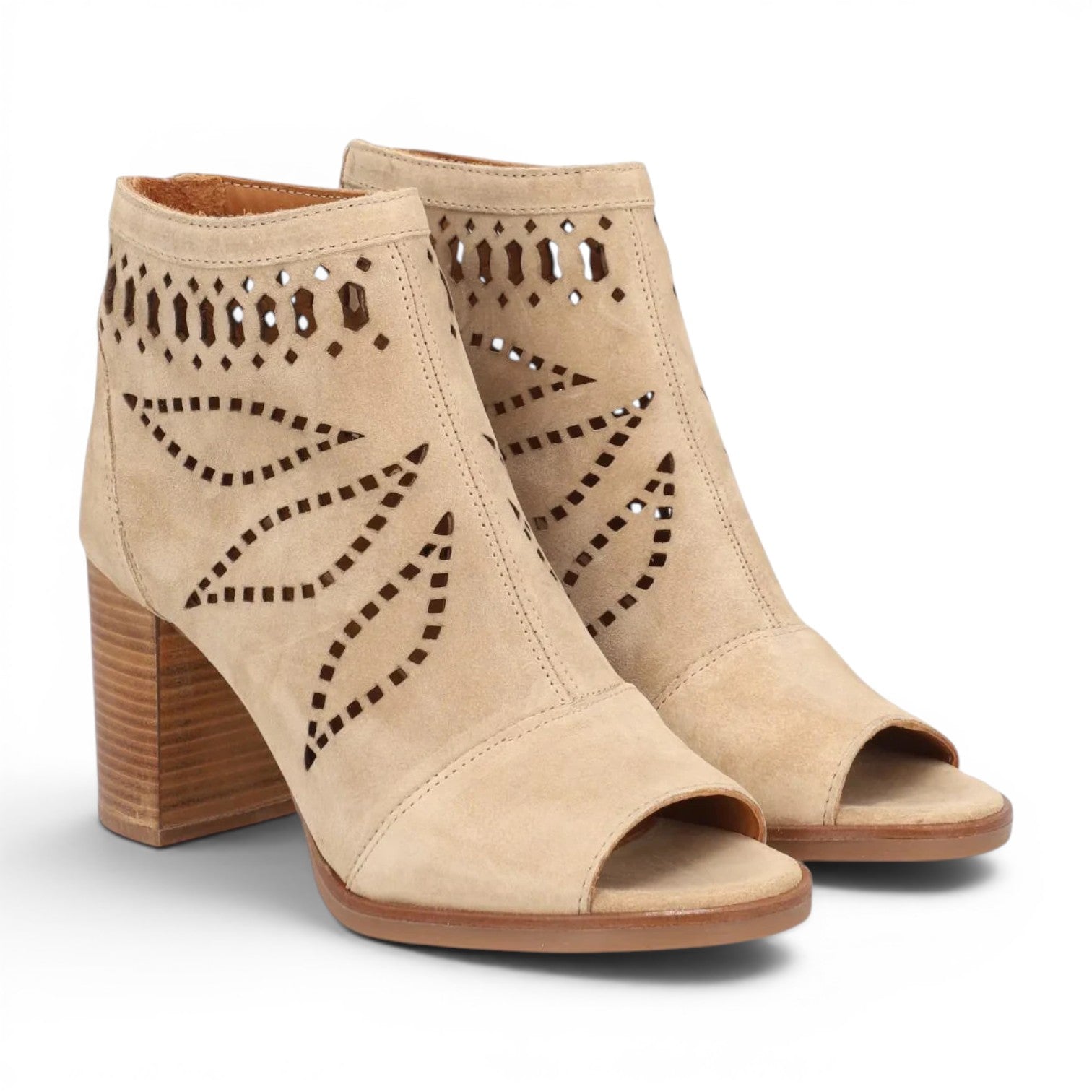 ShoeShop beige suede peep-toe ankle boots with cut-out leaf design and 8cm block heel.