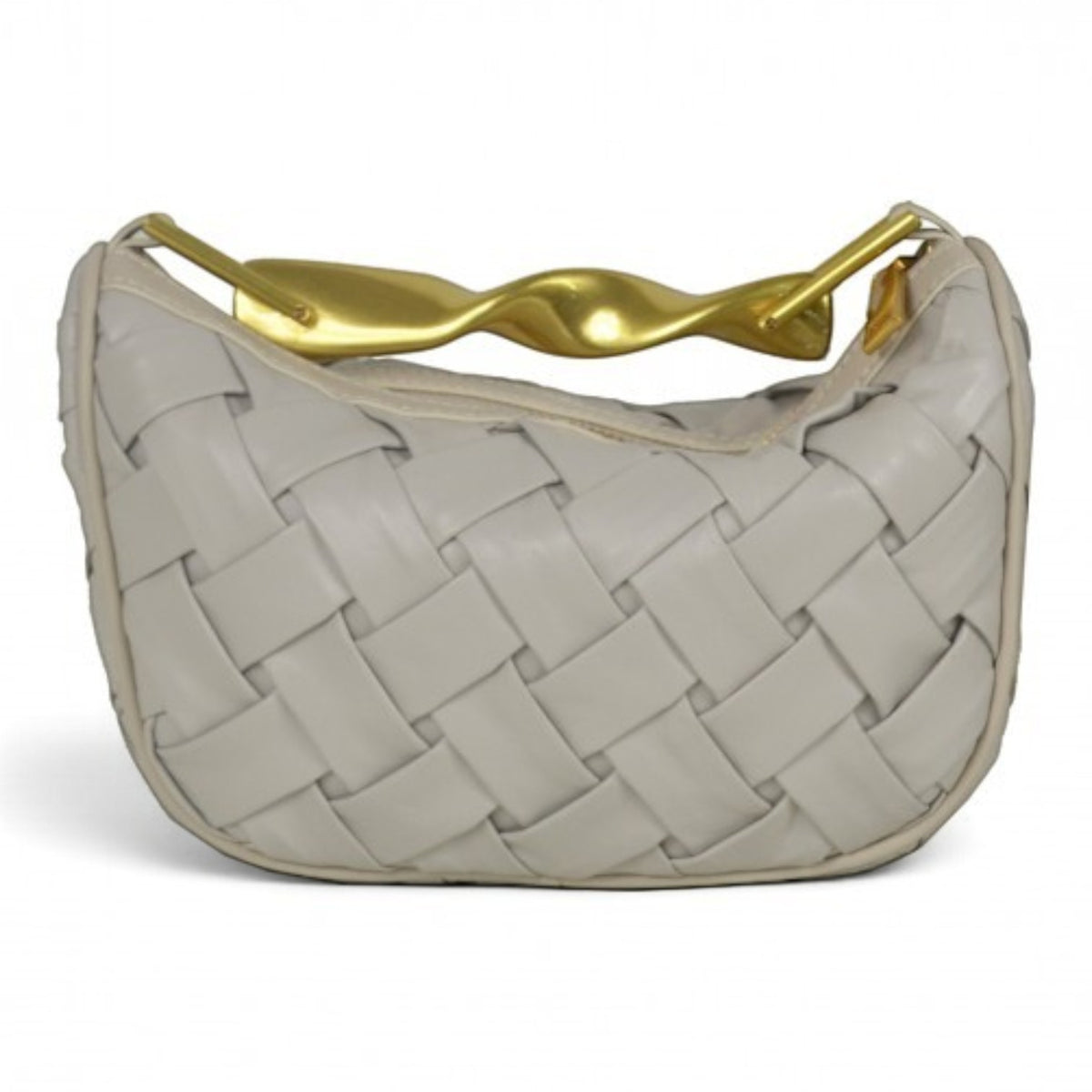 ShoeShop beige woven leather handbag with a unique twisted gold metal handle