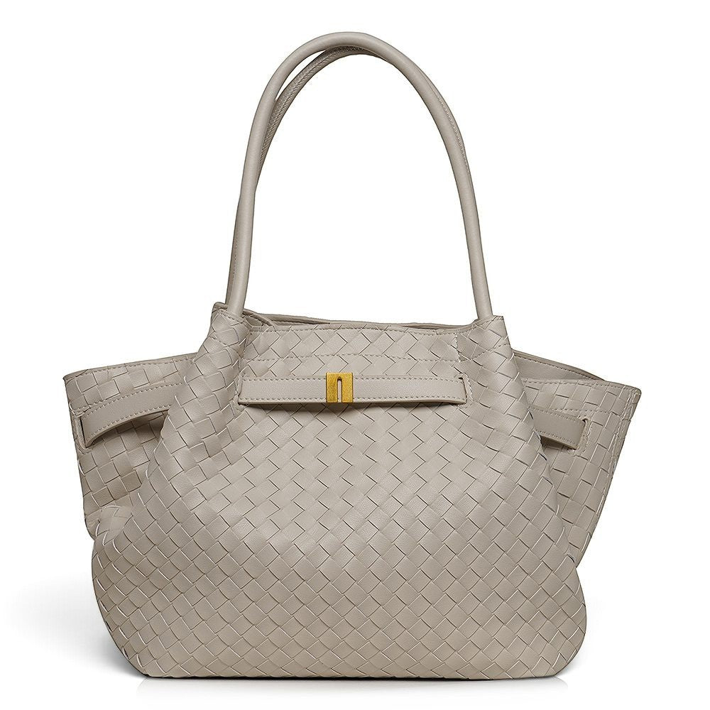 ShoeShop beige woven leather handbag with top handles, magnetic closure, and gold-tone hardware detail.