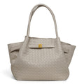 ShoeShop beige woven leather handbag with top handles, magnetic closure, and gold-tone hardware detail.
