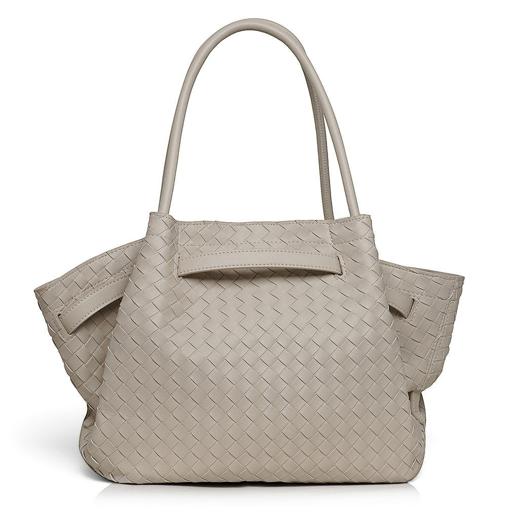 ShoeShop beige woven leather handbag with top handles and magnetic closure, featuring a textile-lined interior.