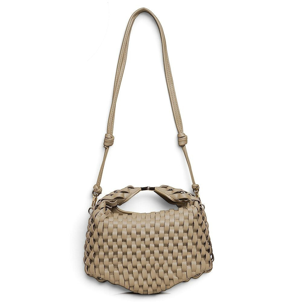 ShoeShop beige woven leather handbag with a detachable shoulder strap and magnetic button closure.