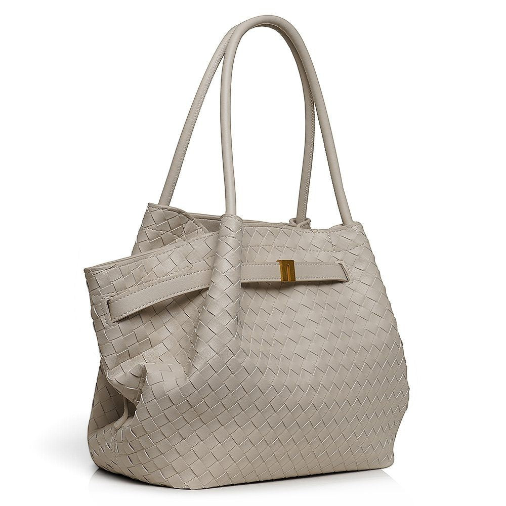 ShoeShop beige woven leather handbag with magnetic closure and detachable shoulder strap