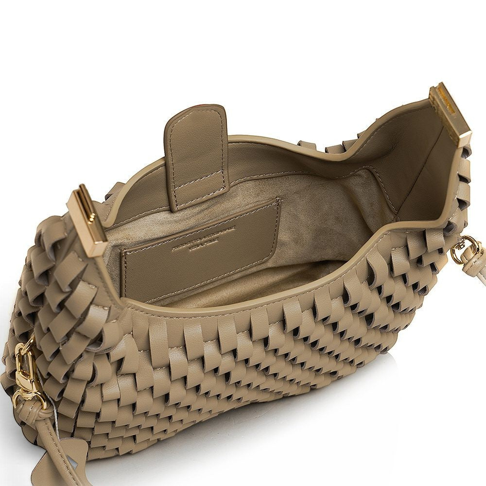 ShoeShop beige woven leather handbag with textile lining, magnetic closure, and detachable shoulder strap.