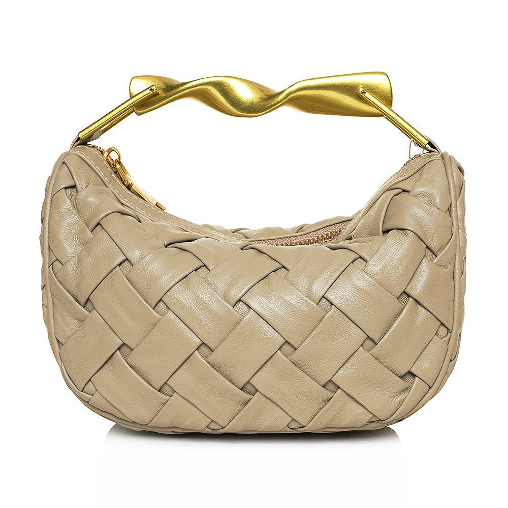 ShoeShop beige woven leather mini handbag with a unique architectural gold-tone metal handle and zip closure.