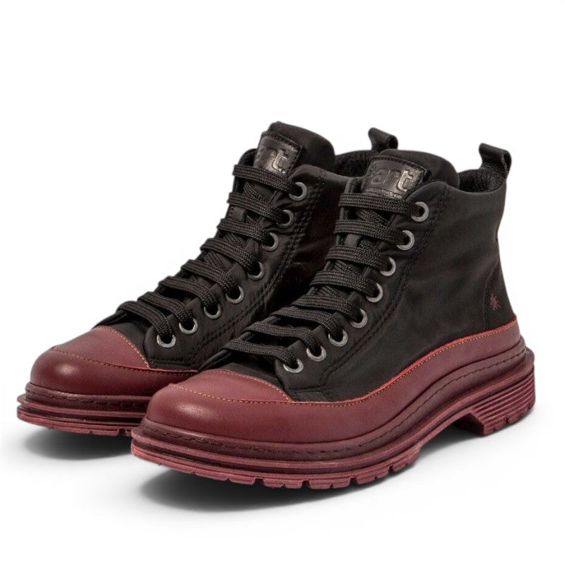 ShoeShop black nylon and burgundy leather lace-up boots with a thick sole and textile lining.