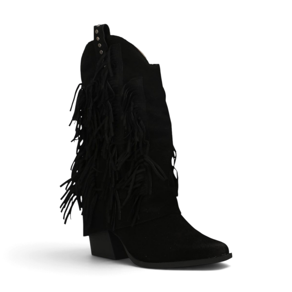 ShoeShop black suede western-style boots featuring long fringe detailing and a stacked block heel