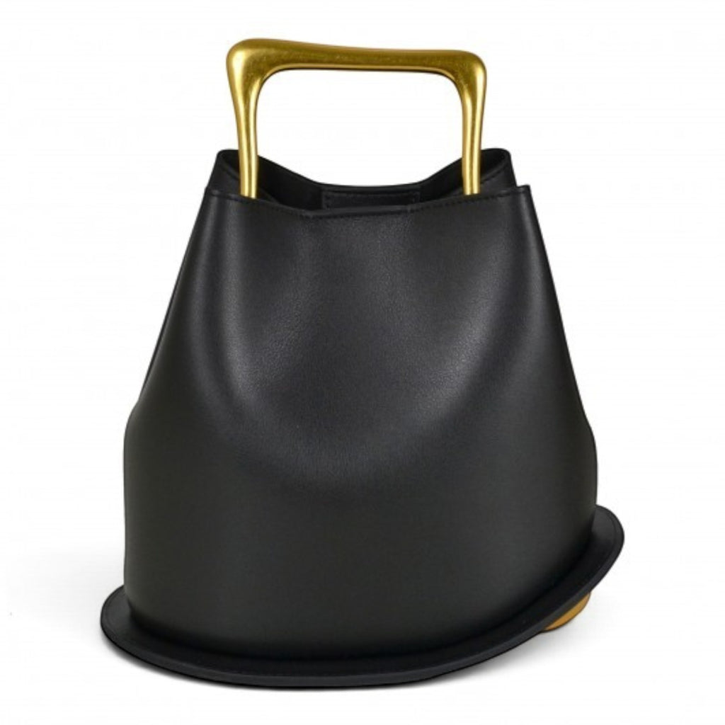 ShoeShop black structured handbag with a unique gold metal handle and a flat circular base