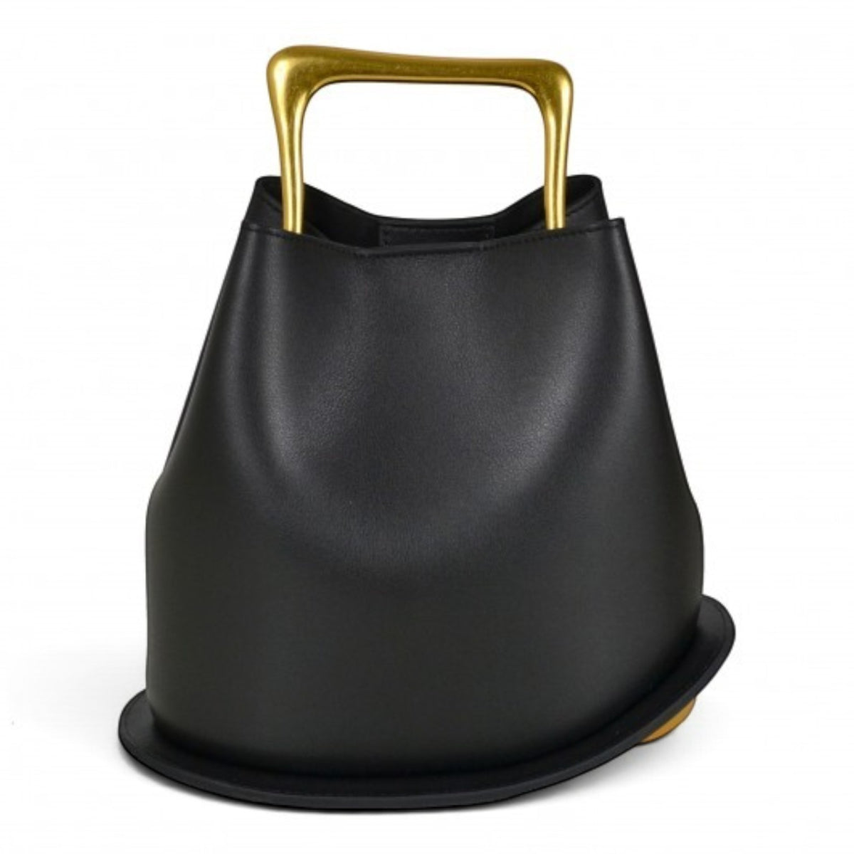 ShoeShop black structured handbag with a unique gold metal handle and a flat circular base