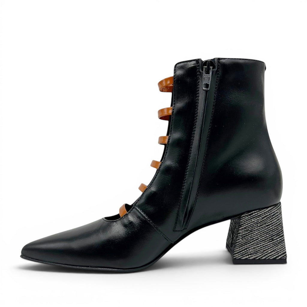 ShoeShop black ankle boots with tan lace-up detail, side zipper, and a textured metallic block heel