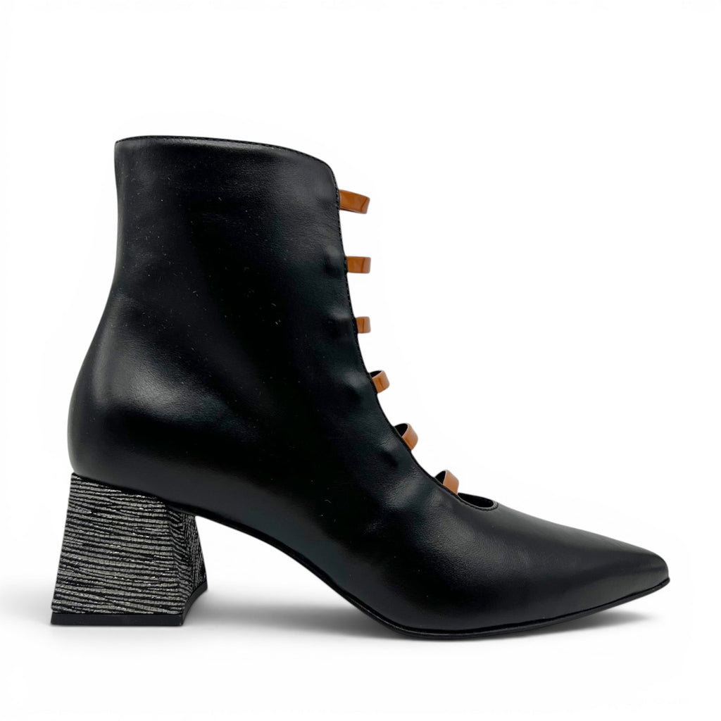 ShoeShop The Other Woman black leather ankle boot with brown lace-up detail and textured block heel