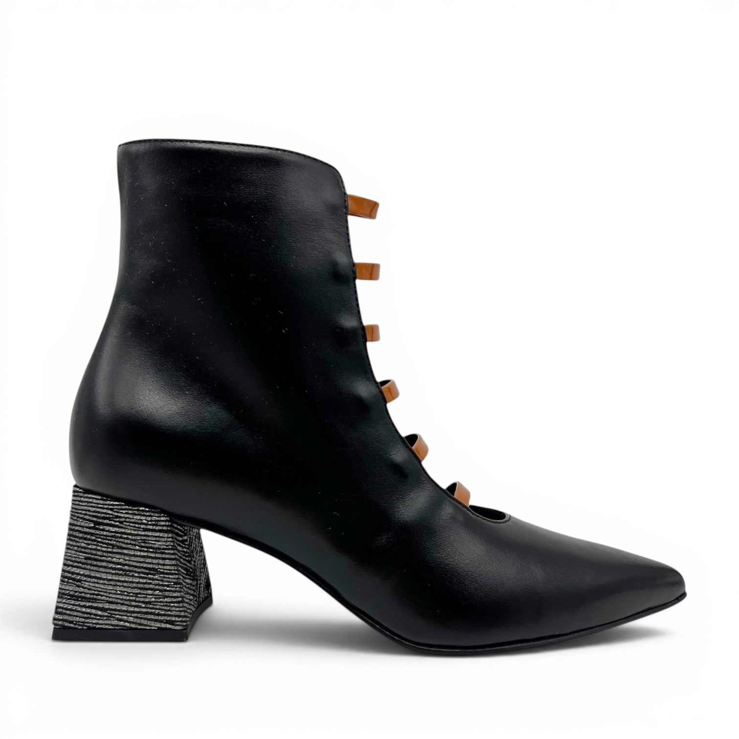 ShoeShop The Other Woman black leather ankle boot with brown lace-up detail and textured block heel