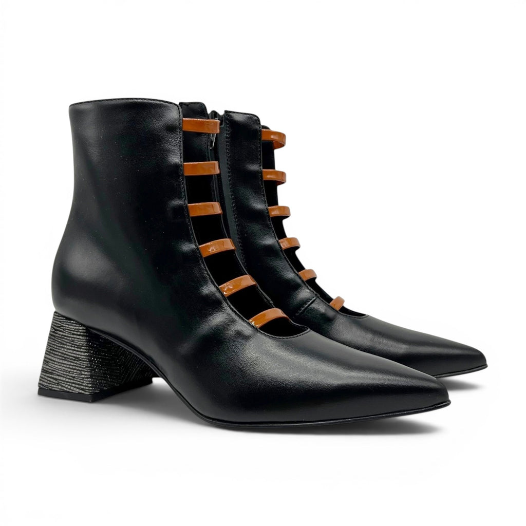 ShoeShop The Other Woman black leather ankle boots with tan strap details and a textured block heel
