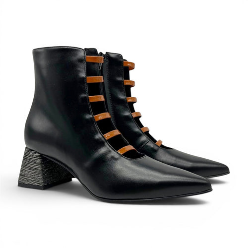 ShoeShop The Other Woman black leather ankle boots with tan strap details and a textured block heel
