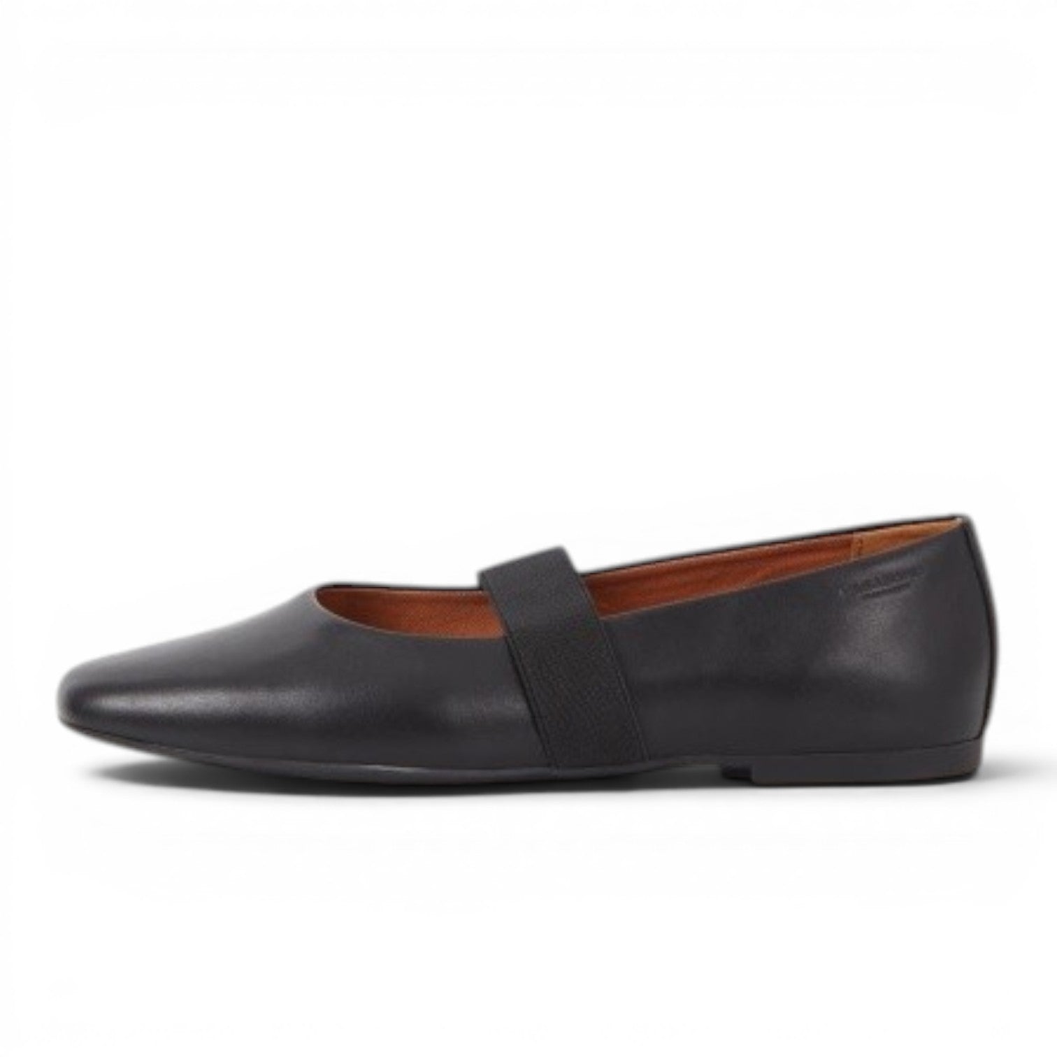 ShoeShop black leather ballet flats with elastic strap and round toe. Low 11mm heel.