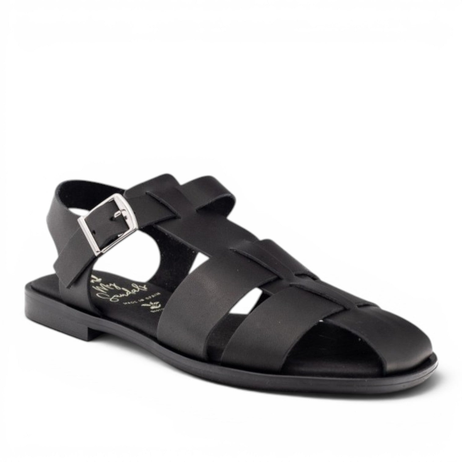 ShoeShop Oh My Sandals 5582 black leather gladiator sandals with a buckle strap and flat sole
