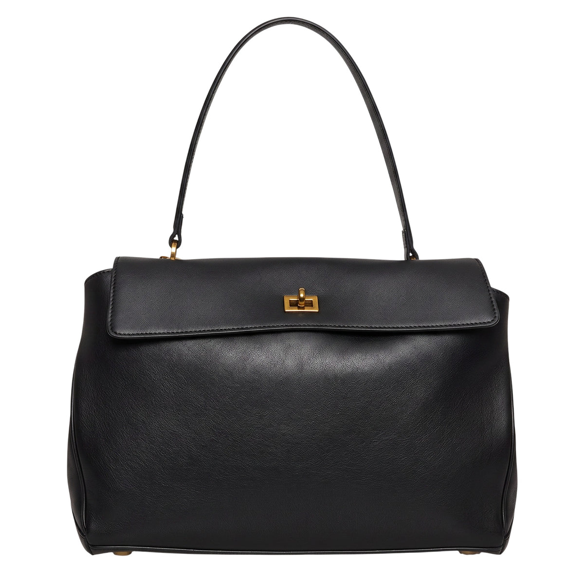 ShoeShop black leather handbag with a top handle and gold-tone metal turn-lock closure