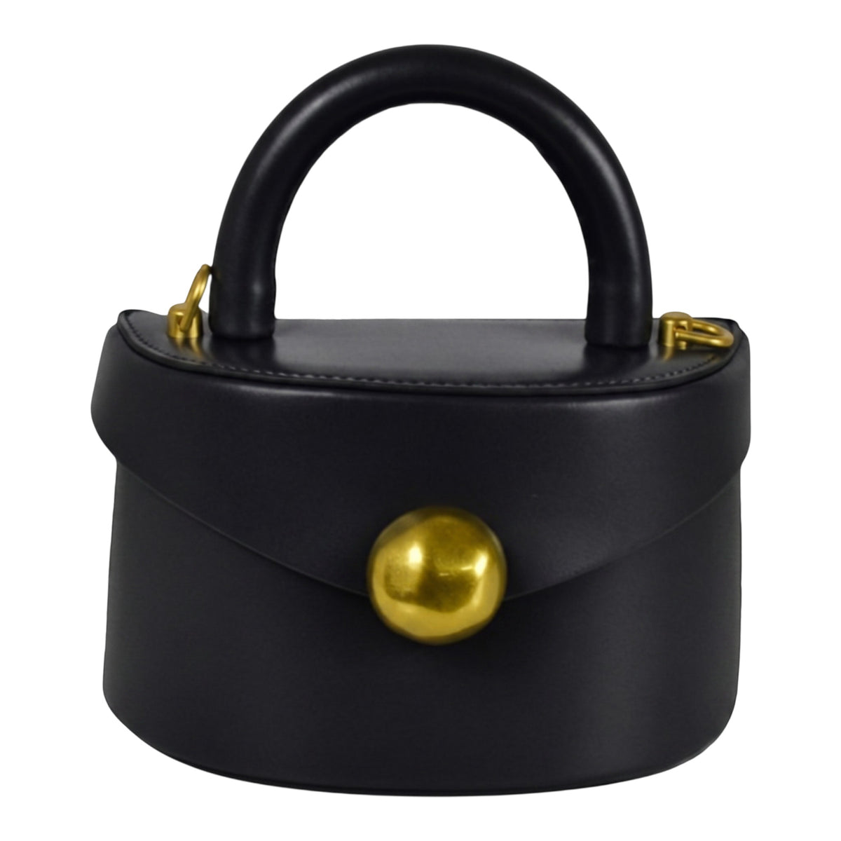 ShoeShop black leather handbag with a top handle, gold magnetic button closure, and detachable shoulder strap.