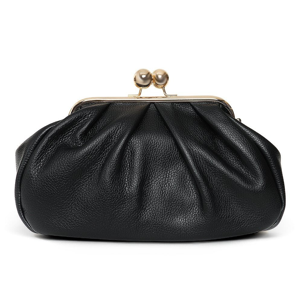 ShoeShop black leather Pasticcino clutch bag with a gold-toned metal kiss-lock clasp and pleated design