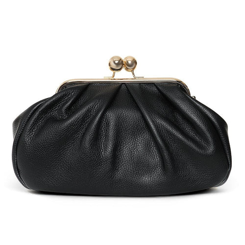 ShoeShop black leather Pasticcino clutch bag with a gold-toned metal kiss-lock clasp and pleated design