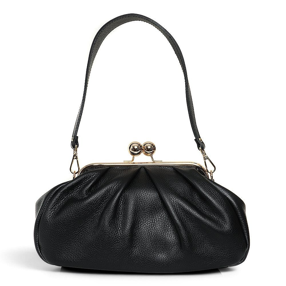 ShoeShop black leather Pasticcino clutch bag with a gold-toned kiss-lock clasp and a detachable shoulder strap.