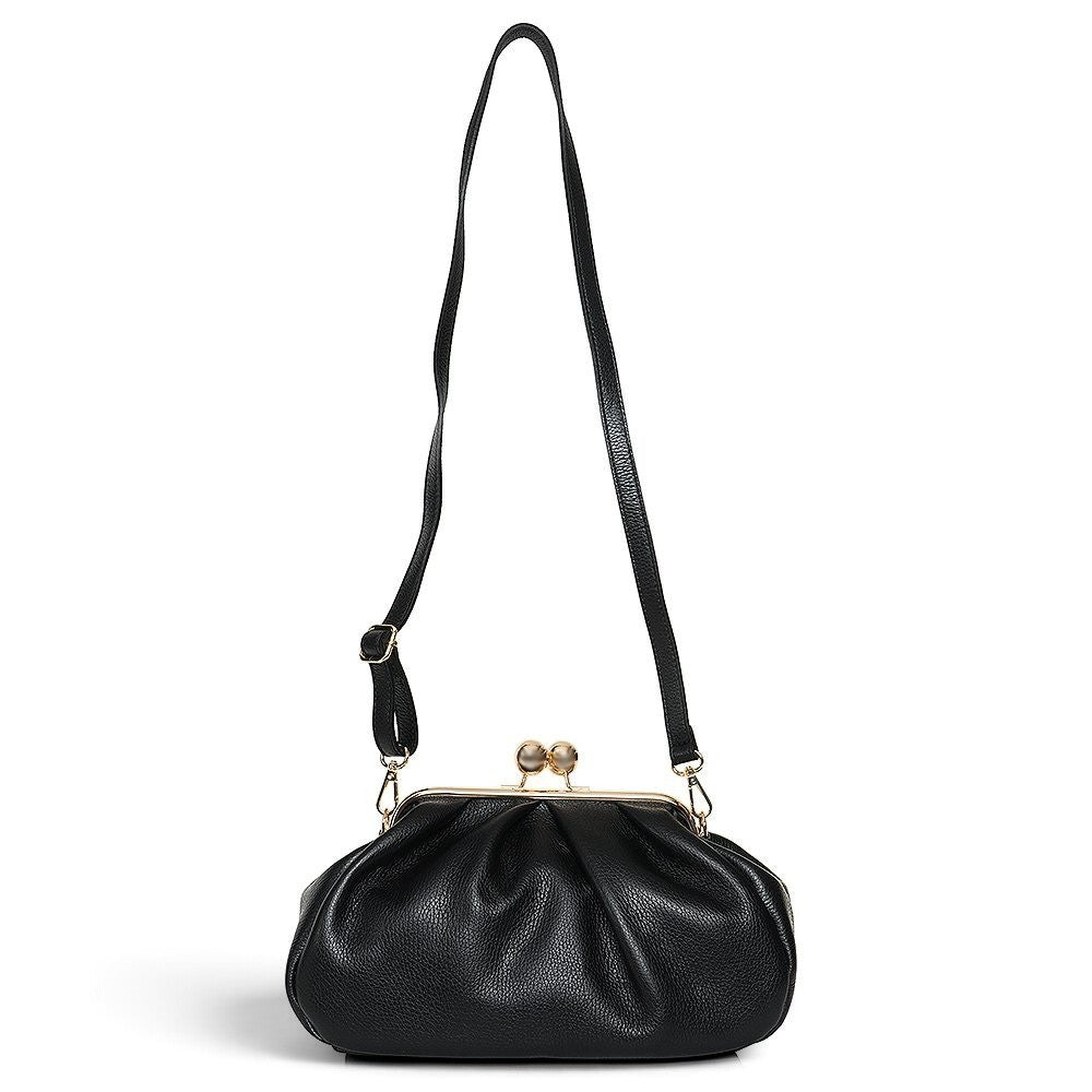 ShoeShop black leather Pasticcino clutch bag with a gold clasp and a removable shoulder strap