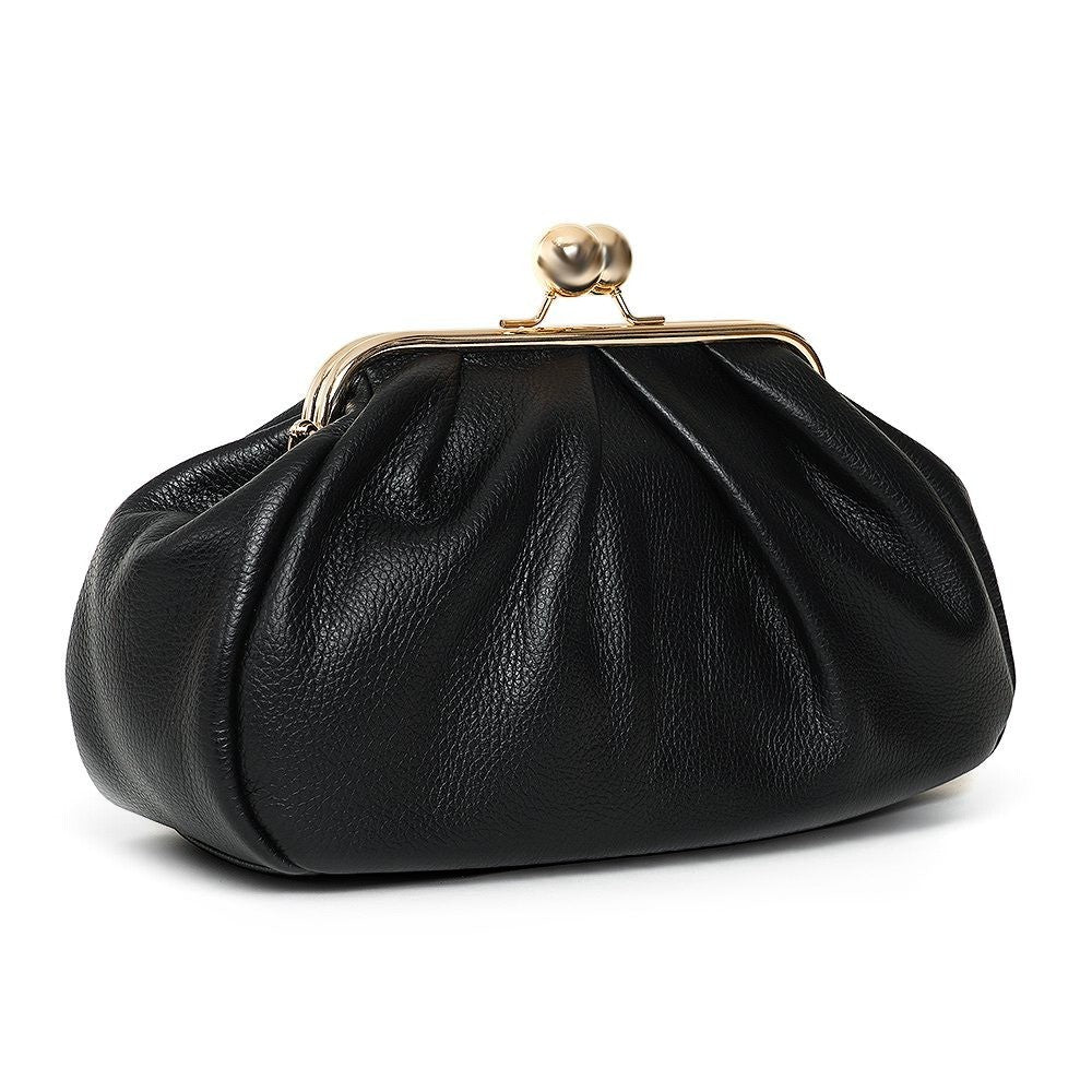 ShoeShop black leather Pasticcino clutch bag with a gold-toned metal clasp closure and soft gathered design
