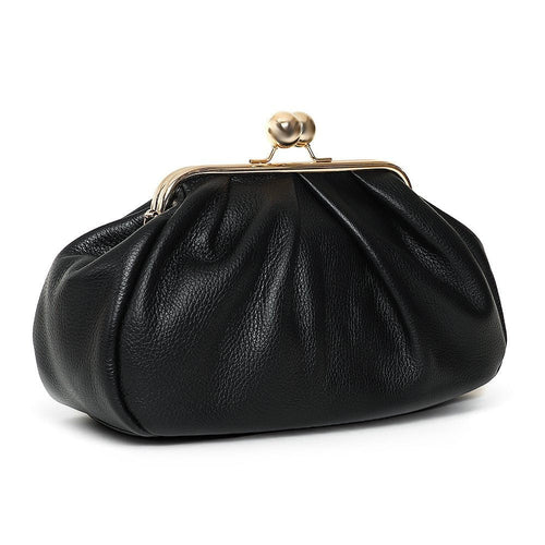 ShoeShop black leather Pasticcino clutch bag with a gold-toned metal clasp closure and soft gathered design