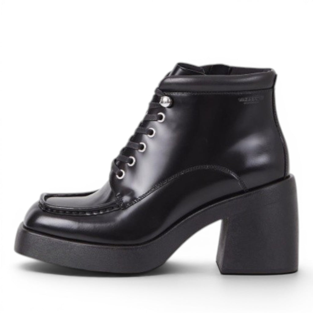 ShoeShop black leather lace-up platform boots with a side zipper and block heel.