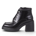 ShoeShop black leather lace-up platform boots with a side zipper and block heel.