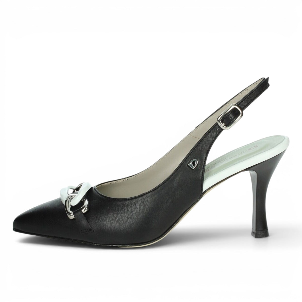 ShoeShop Donna Serena black leather slingback heels with a pointed toe and decorative chain detail
